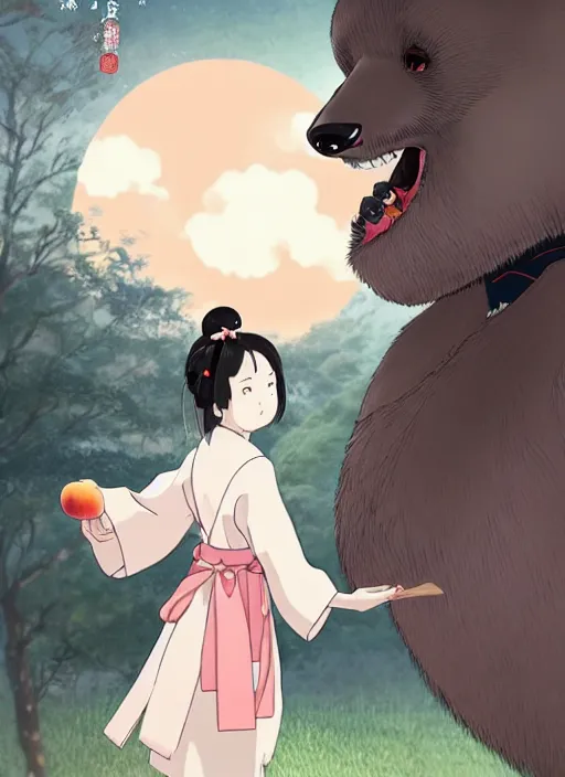 Image similar to a girl wearing a kimono gives a peach to a large anthropomorphic asian black bear, featured in artstation and artgerm and fantia and pixiv, award winning, cinematic, elegant, intricate, 8 k, in the style of hayao miyazaki and masashi ando and timothy kong and laia lopez and viorie,