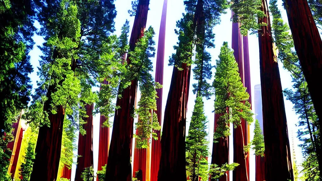 Image similar to Futuristic City in Harmony with Nature(Redwood Trees) by bruce mccall and Klaus Bürgle; Location: San Francisco, California;