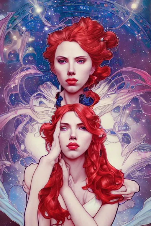 Image similar to celestial scarlett johansson, by artgerm and yoshitaka amano and moebius and alphonse mucha, hyperdetailed, dc comics, ornate, nebula, explosions in the sky, trending on artstation