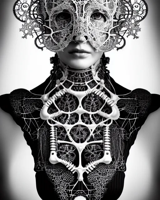 Image similar to surreal black and white photo portrait of complex biomechanical young female cyborg with a mandelbrot fractal metal fine lace face, silver hair, 150 mm lens, soft rim light, fine metal floral foliage super big lace collar, Alexander McQueen, high fashion, haute couture, rococo, steampunk, silver filigree details, anatomical, facial muscles, cable wires, microchip, elegant, hyper realistic, octane render, unreal engine, by Man Ray and Dora Maar, volumetric lighting, 8k,