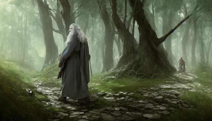 Image similar to A beautiful picture of gandalf on a forest path by greg rutkowski and Kalin Popov, trending on artstation