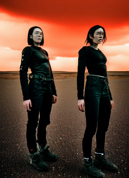 Image similar to cinestill 5 0 d photographic portrait of two loving female androids wearing rugged black techwear on a desolate plain with a red sky, extreme closeup, lizard on ground, cyberpunk style, in front of a brutalist dark metal facility, dust storm, 8 k, hd, high resolution, 3 5 mm, f / 3 2, ultra realistic faces