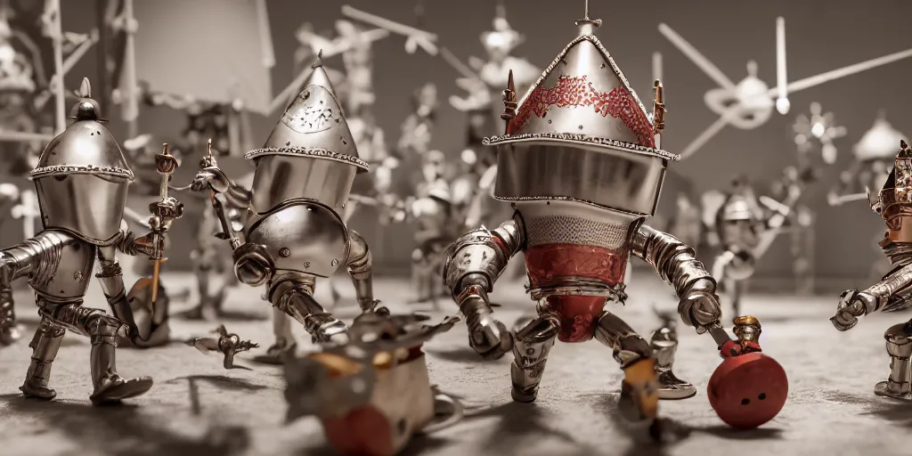 Image similar to closeup portrait of tin toy knights fighting on white paper table in an artist workshop, depth of field, zeiss lens, detailed, centered, fashion photoshoot, by nicoletta ceccoli, mark ryden, lostfish, breathtaking, 8 k resolution, extremely detailed, beautiful, establishing shot, artistic, hyperrealistic, octane render