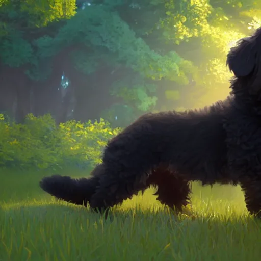 Image similar to a wholesome animation key shot of a black bernedoodle puppy, studio ghibli, pixar and disney painting, sharp, rendered in unreal engine 5, key art by greg rutkowski, bloom, dramatic lighting