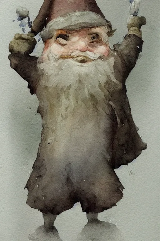 Image similar to muted color!!!!!!! watercolor of a ( ( ( gnome ) ) ) painterly, granular dripping running. very muted colors. by jean - baptiste monge!!!!!