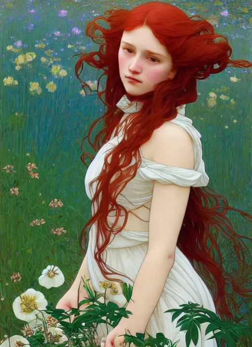 Image similar to pretty young woman resembling alicia vikander with long red hair, half body shot, path traced, highly detailed, high quality, digital painting, by studio ghibli and alphonse mucha, leesha hannigan, hidari, art nouveau, chiho aoshima, jules bastien - lepage