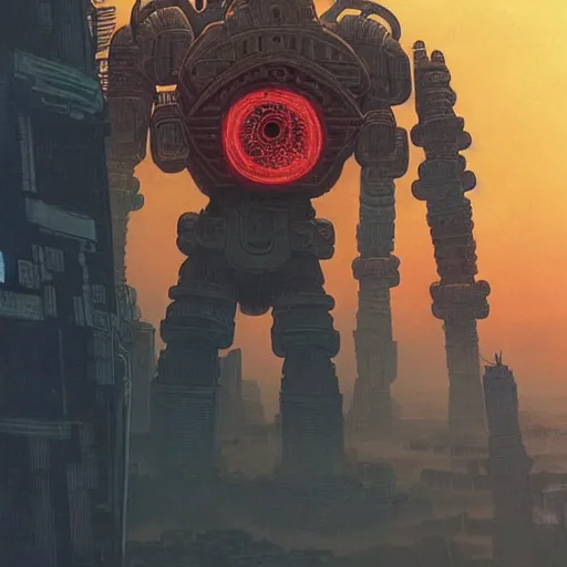 Image similar to giant mayan cyberpunk mecha with flaming eyes standing over city, perfectly clear face, shadow of the colossus screenshot by j. c. leyendecker, simon stalenhag, studio ghibli, and beksinski