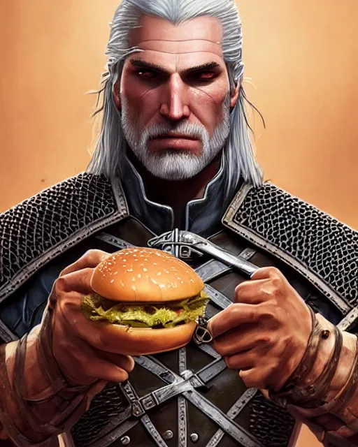 Prompt: portrait of geralt of rivia preparing to eat a hamburger, fantasy, intricate, elegant, highly detailed, digital painting, artstation, concept art, smooth, sharp focus, illustration, by artgerm and greg rutkowski