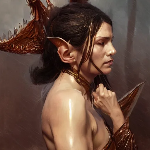 Image similar to A detailed oil portrait of an elf woman with small horns of copper and copper dragon scales covering her arm and neck wearing a simple white robe, by greg rutkowski, trending on artstation, dungeon and dragons art