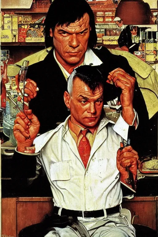 Image similar to Butch Coolidge from Pulp Fiction painted by Norman Rockwell