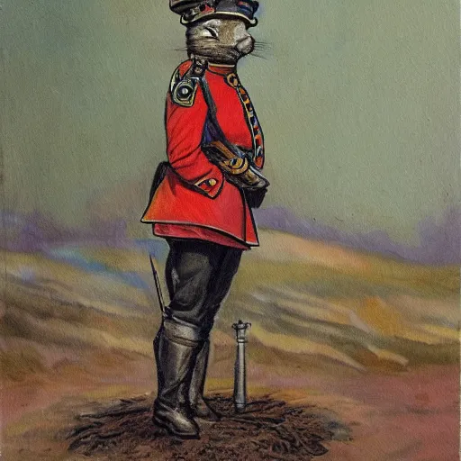 Image similar to a painting of a rabbit wearing a russian world war 1 uniform, standing at the edge of a muddy trench