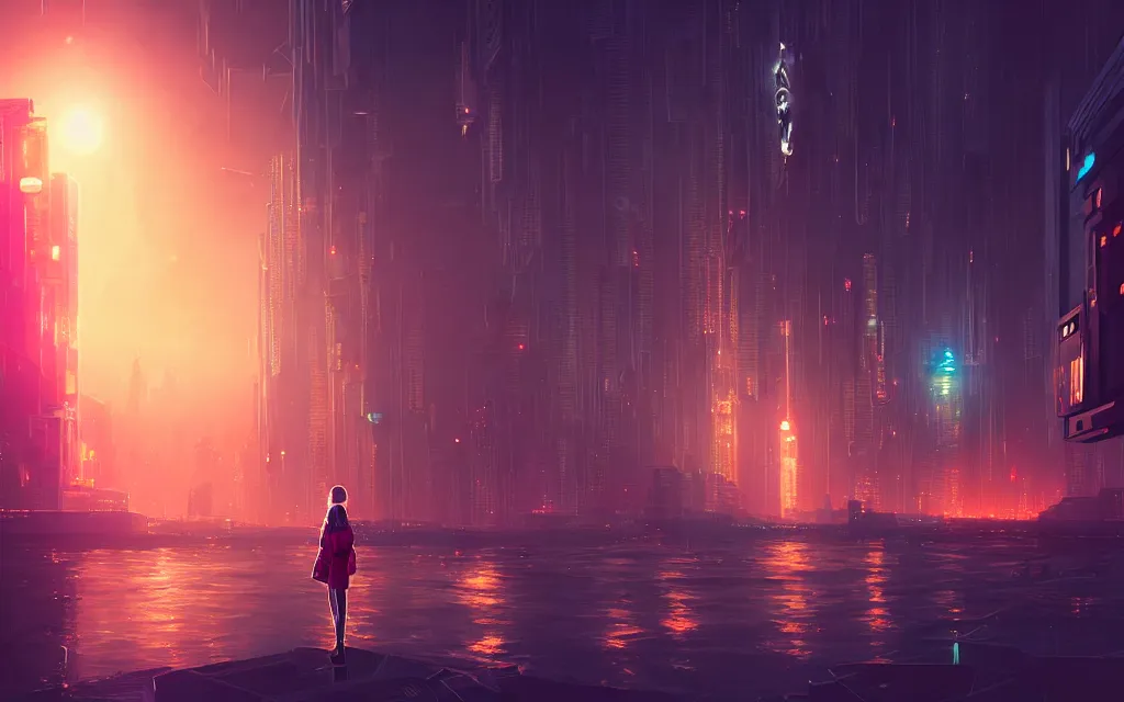 Image similar to girl staring at a meteorite hitting a floating cyberpunk city at night by wlop, low poly art, ultra detailed color art, high detail, digital art