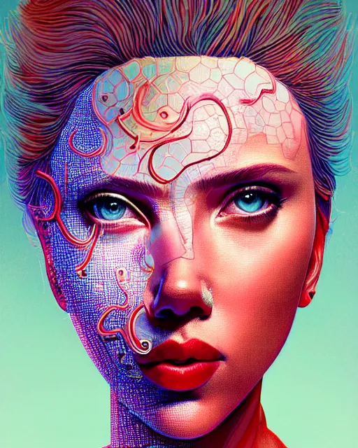 Prompt: highly detailed vfx portrait of scarlett johansson, red lipstick, global illumination, detailed and intricate environment by james jean and victo ngai and tristan eaton