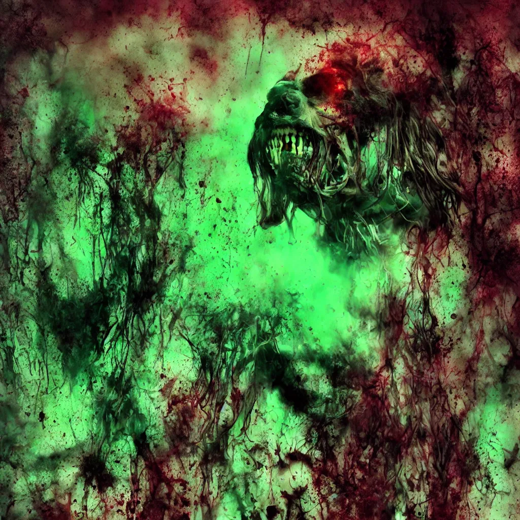 Image similar to wispy ink horror, neochrome colors, realistic render, toxic green pit of liquid, zombie bear, photo pic by matte painting