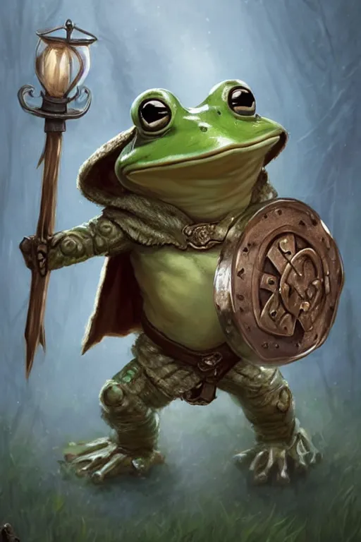 Image similar to cute anthropomorphic frog knight wearing a cape and a Viking helmet and holding lantern, tiny, small, miniature frog, baby animal, short, pale blue armor, cute and adorable, pretty, beautiful, DnD character art portrait, matte fantasy painting, cgsociety Artstation, by Jason Felix by Steve Argyle by Tyler Jacobson by Peter Mohrbacher, cinematic lighting