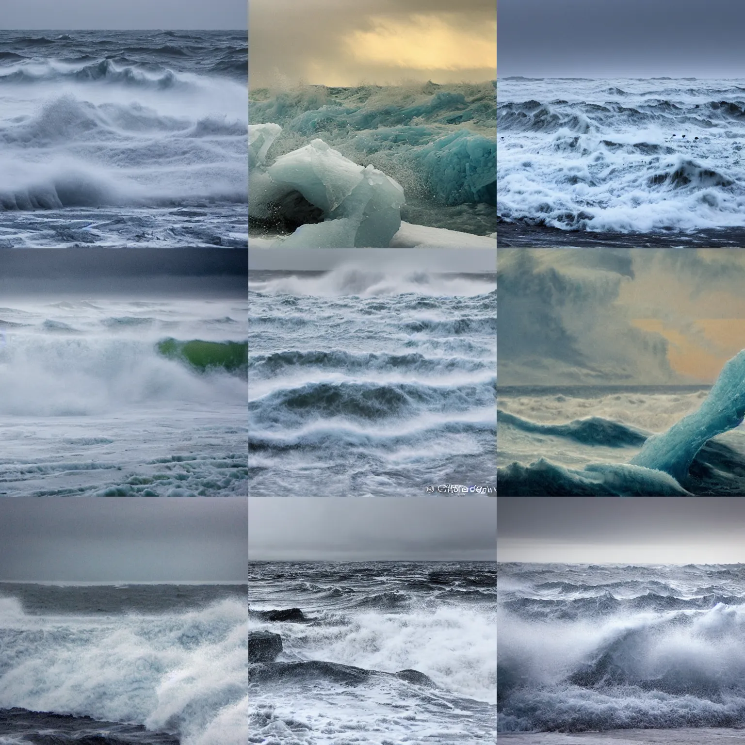 Prompt: a frozen stormy sea, high waves frozen in place