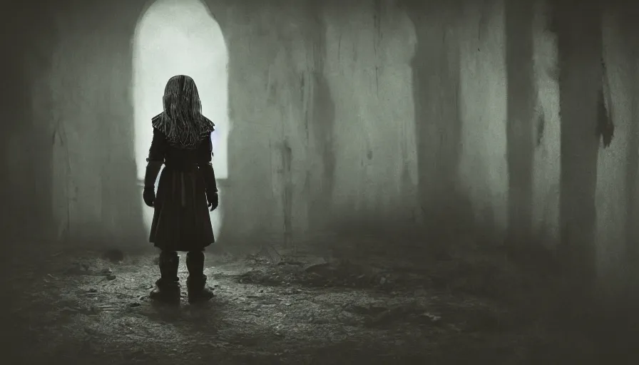 Image similar to a alone child, alone in the darkside, cold place, mother of witchers, spirits in the dark, real atmosphere, old home decor, crossbreeding, lightness, sad atmosphere, the loner, witcher, a jean