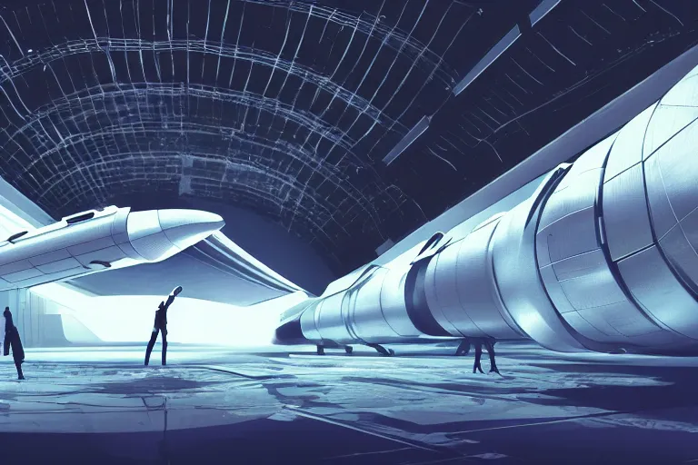 Image similar to a huge futuristic spacecraft in a hangar, cinematic lighting, low angle, tiny people standing near the spacecraft, concept art