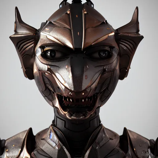 Image similar to a highly detailed close-up bust, of a beautiful cute anthropomorphic robot female dragon, with smooth and streamlined mechanical armor, standing and posing elegantly in front of the camera, well detailed head with two soft LED eyes, sharp teeth, two arms, artstation, DeviantArt, professional, octane render, sunset lighting