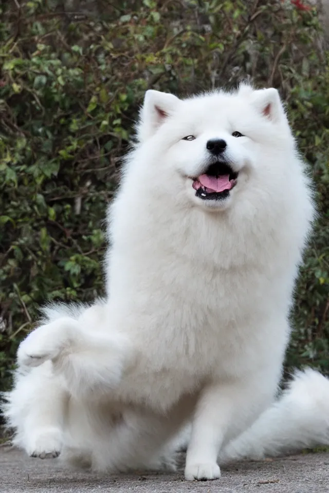 Image similar to samoyed dog doing wai kru muay thai movements