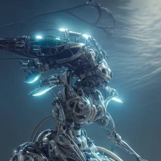 Prompt: biomechanical mecha white mermaid underwater, rays of light. Style of westworld, cables, lights, searchlight, weta digital, octane render, insane details, ultra realistic, beatifully lit, reflections