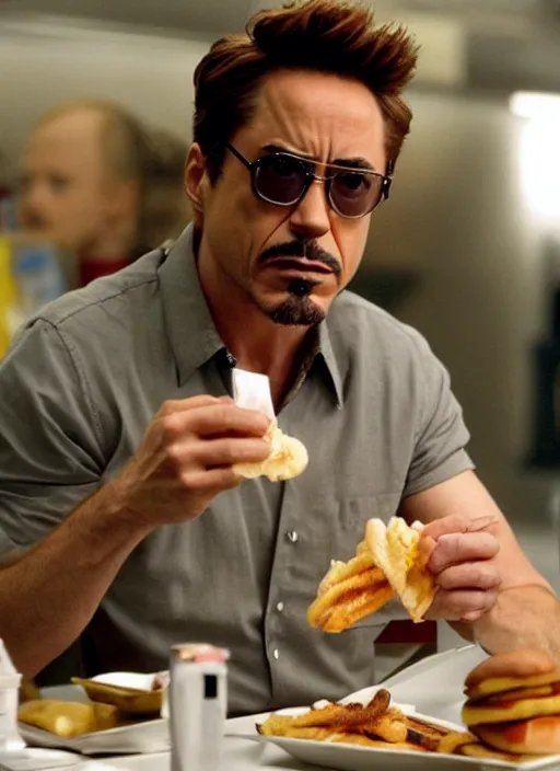 Prompt: a full portrait photo of robert downey jr eating mcdonald in movie iron man, f / 2 2, 3 5 mm, 2 7 0 0 k, lighting, perfect faces, award winning photography.
