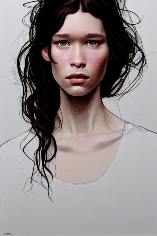 Prompt: a gallery artwork by Phil noto of Astrid berges frisbey; proportional face; beautiful face; lithe; wistful; symmetrical features