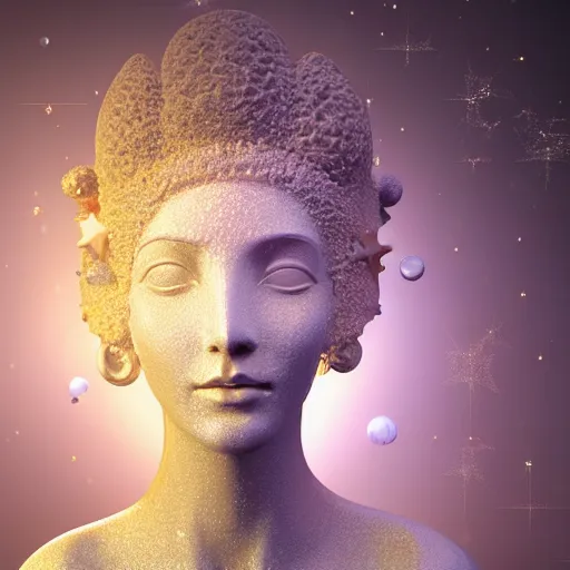 Image similar to sponge sculpture goddess of space, beauty, pretty face, glossy skin, stars, soft light, hdri, smooth, sharp focus, fantasy, intricate, elegant, highly detailed, 8 k