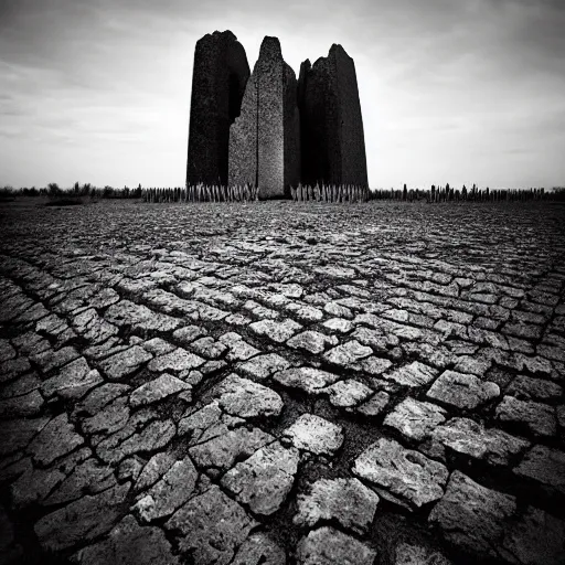 Image similar to radioactive spike field, monolithic granite spikes, one lone person standing in front of the spikes, creepy monotone black and white lighting, post nuclear fallout, desolate, no life, high resolution, old photo, distorted photo, slow corruption