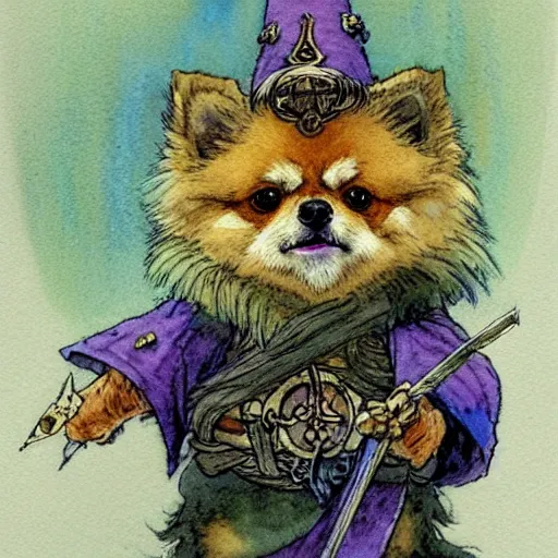 Image similar to a simple and atmospheric watercolour fantasy character concept art portrait of a robotic pomeranian as a druidic warrior wizard looking at the camera with an intelligent gaze, very muted colors, by rebecca guay, michael kaluta, charles vess and jean moebius giraud