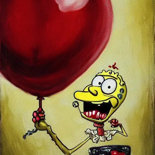 Prompt: grunge painting of spongebob with a wide smile and a red balloon by chris leib, loony toons style, pennywise style, corpse bride style, horror theme, detailed, elegant, intricate, Atmospheric phenomenon, conceptual, volumetric light