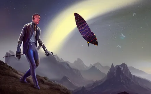 Image similar to Mattepainting of Tom Weilguny, a ruggendly handsome Austrian man in a space ranger unform. He's stading in front of a night sky, surrounded by several large moths, intricate, highly detailed, smooth, artstation, digital illustration by Ruan Jia and Mandy Jurgens and Artgerm and Wayne Barlowe and Greg Rutkowski and Zdislav Beksinski