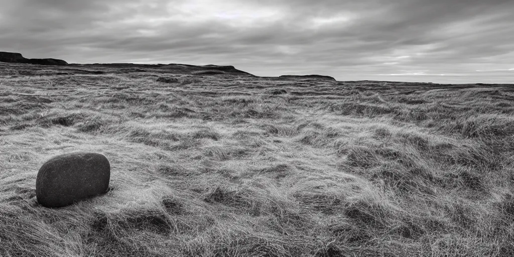 Prompt: a breathtaking photograph of windswept dunes scandinavian landscape, a withered ancient altar + stone in center, ultra wide shot, cinematic, 8 k, dramatic lighting