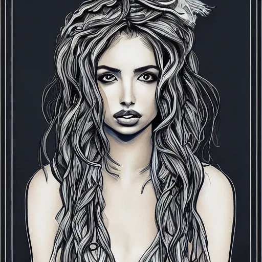 Image similar to ana de armas portrait as medusa from greek mythology, living venomous snakes in place of hair, ink drawing, trending on artstation, by alphonso dunn