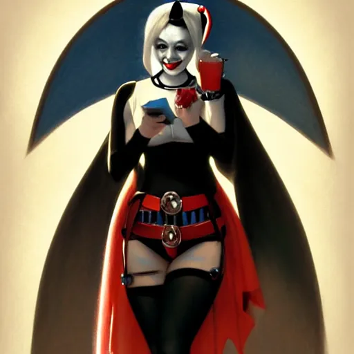 Prompt: Harley Quinn as a nun, dark fantasy, medium shot, intricate, elegant, highly detailed, digital painting, volumetric light, artstation, concept art, smooth, sharp focus, illustration, art by Gil Elvgren and Greg Rutkowski and Alphonse Mucha