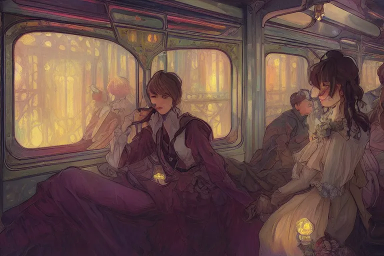 Prompt: inside the train, night, empty, lamplight, shimmering and prismatic, rococo, by krenz cushart and mucha and monet, trending on artstation.