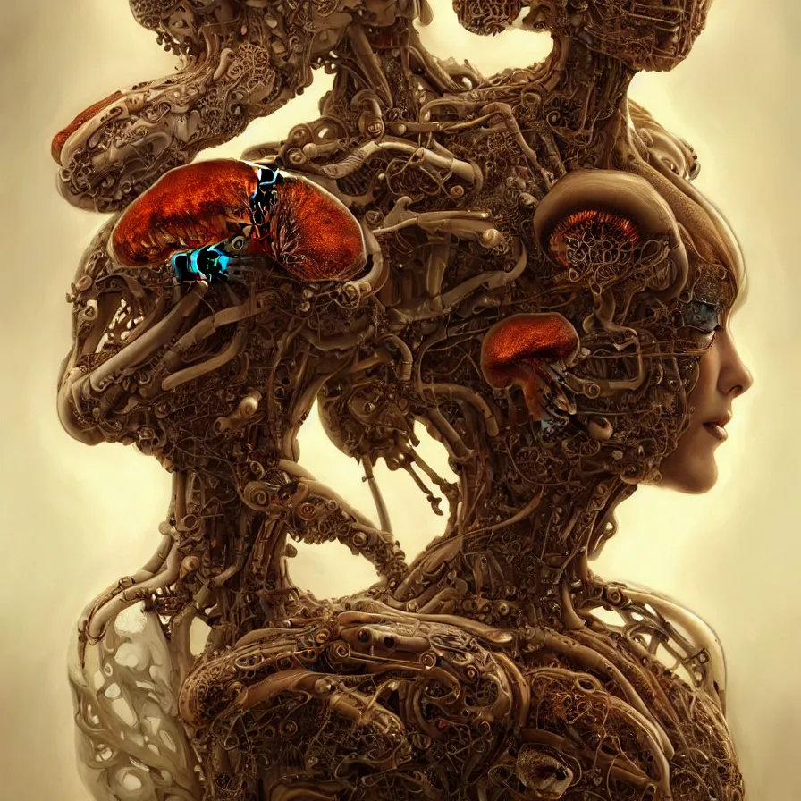 Prompt: organic cyborg, mushroom and ganoderma lucidum, diffuse lighting, fantasy, intricate, elegant, highly detailed, lifelike, photorealistic, digital painting, artstation, illustration, concept art, smooth, sharp focus, art by john collier and albert aublet and krenz cushart and artem demura and james jane