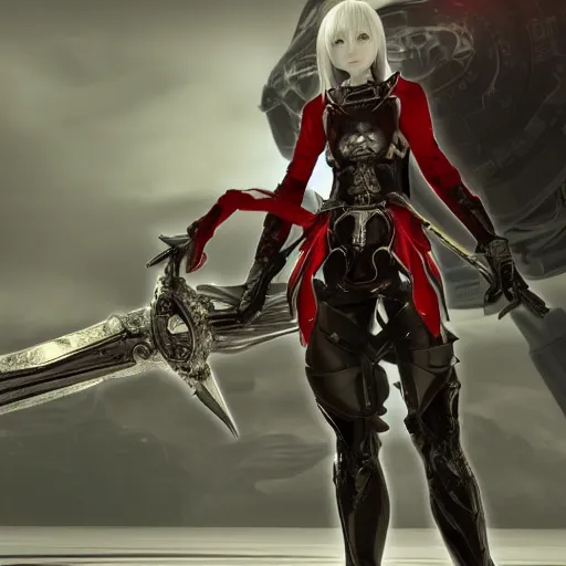 Prompt: a red au ra xaela with grey hair in a suit of astronaut armor with their futuristic scythe drawn, Final Fantasy FFXIX, high octane, detailed 3D rendered in unreal engine, 4k