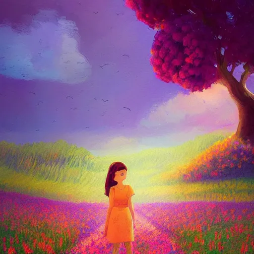 Image similar to girl with giant flower as a face and flower dress, standing in a flower field hills, big trees, sunrise dramatic light, impressionist painting, colorful clouds, digital painting, pointillism, artstation, simon stalenhag