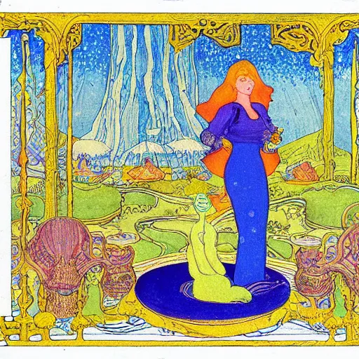 Image similar to a woman who moved to another planet with husband, hot weather, full growth, by Ivan Bilibin, Russian fairytales illustration