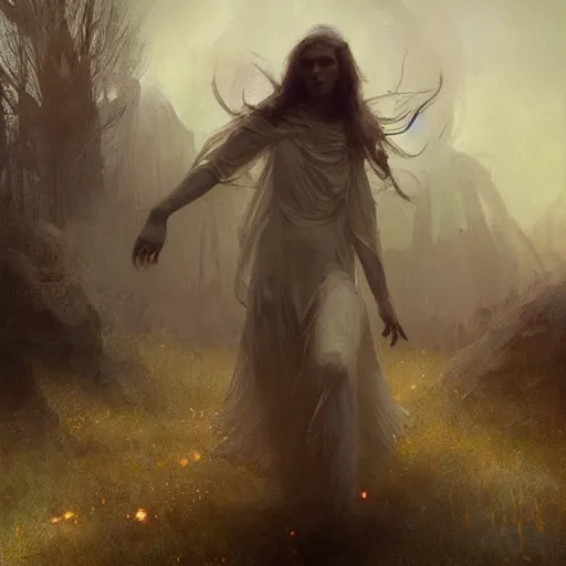 Prompt: a beautiful terrifying pale humanoid giant strides across the landscape. ethereal fantasy art by greg rutkowski