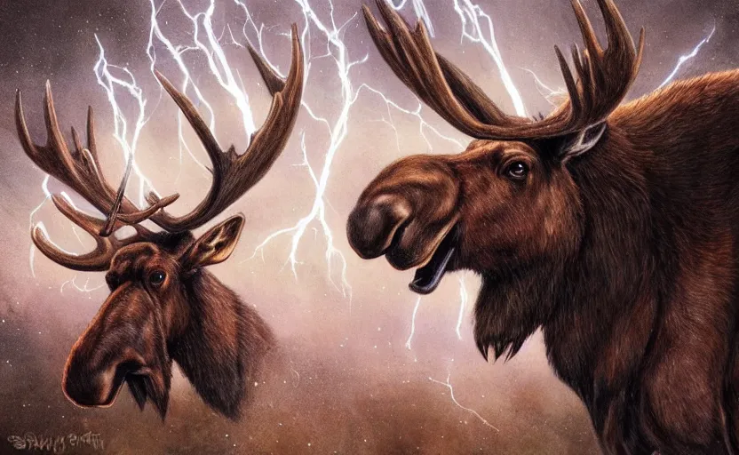 Prompt: moose with lightning horns, fantasy art, concept art