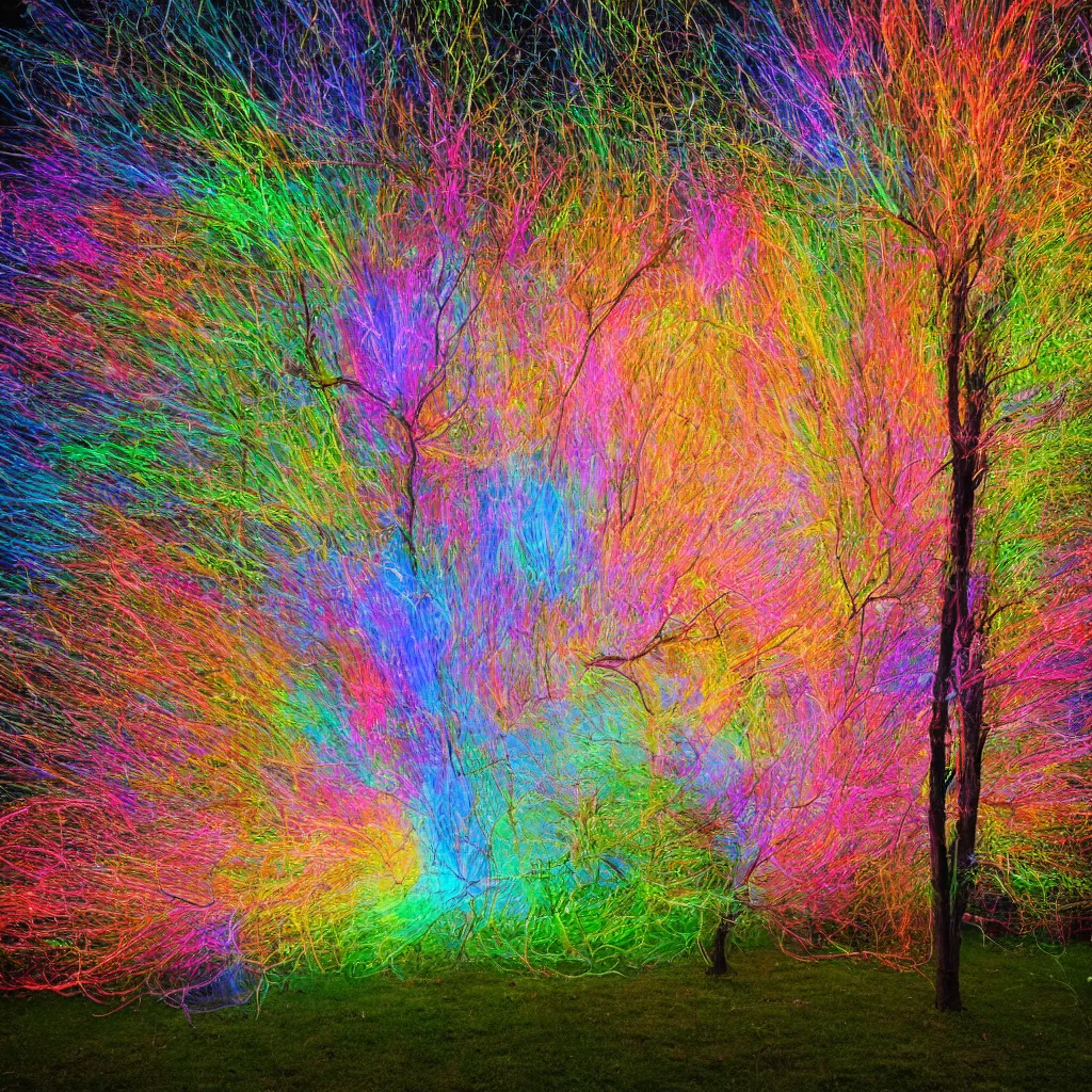 Image similar to a colourful long exposure photograph of many trees moving in a strong wind, back light, sony ar 7 ii, photographed by wolfgang tillmans