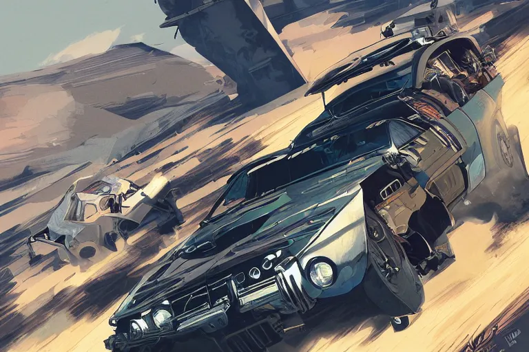 Prompt: digital illustration of mad max's sw 2 0 pursuit special, by makoto shinkai, ilya kuvshinov, lois van baarle, rossdraws, basquiat