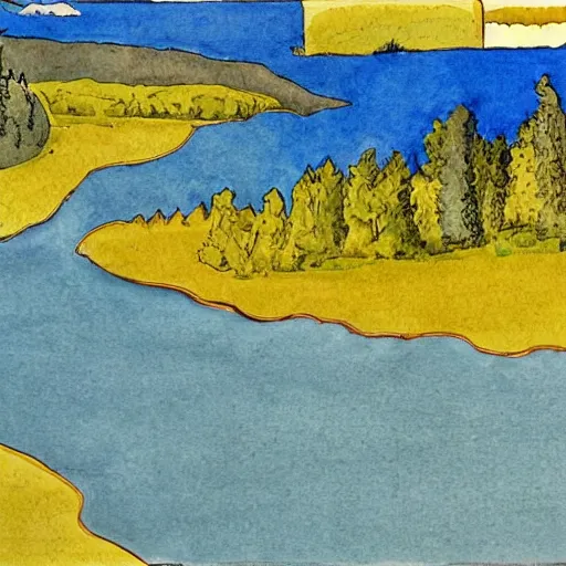 Image similar to by milo manara improvisational, meticulous cool yellow. the computer art of two lakes in connecticut, with mountains in the distance.