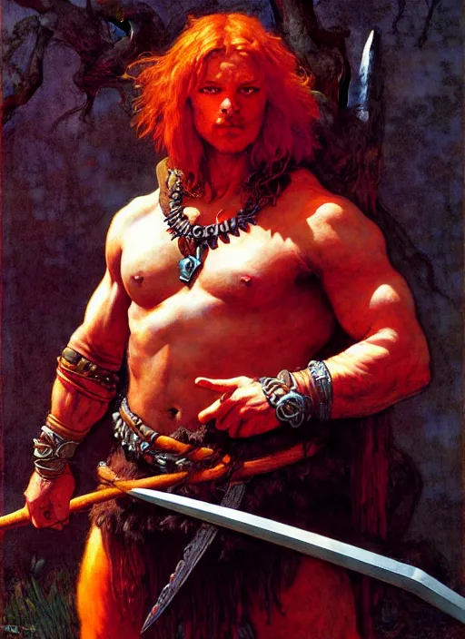 Image similar to barbarian, full body, dnd character art portrait, dramatic lighting, vivid colors by edgar maxence and caravaggio and michael whelan.