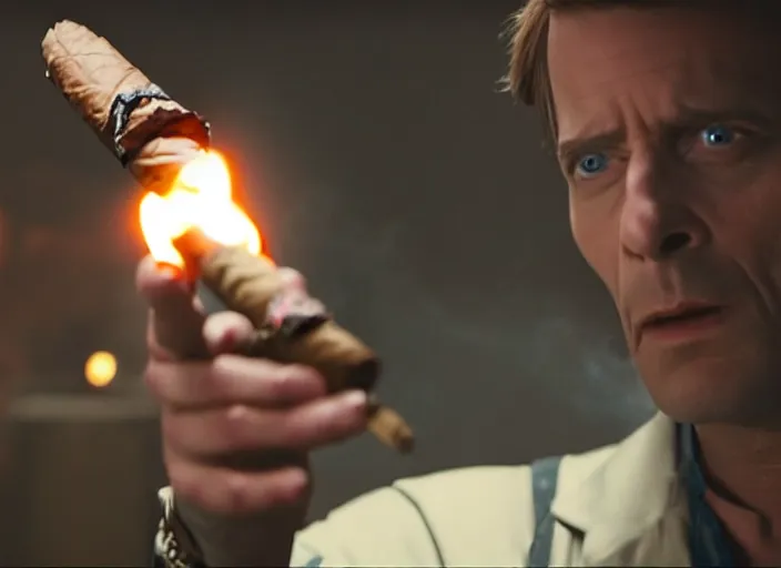 Prompt: film still of bender holding a lit cigar in the new scifi movie, 4 k