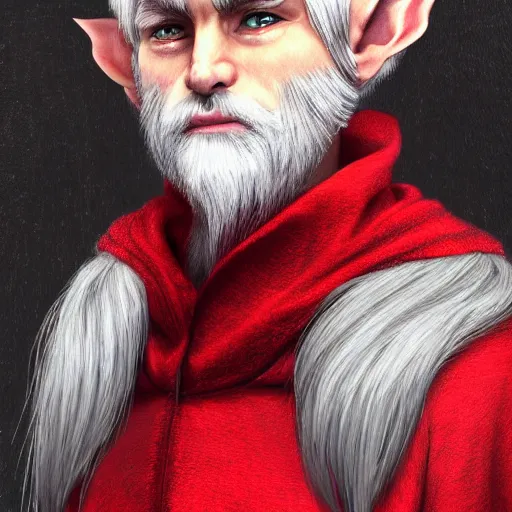 Image similar to a highly detailed portrait of a middle aged male elf with white hair and a very short beard, in red clothes, artstation, deviantart, professional, photorealistic