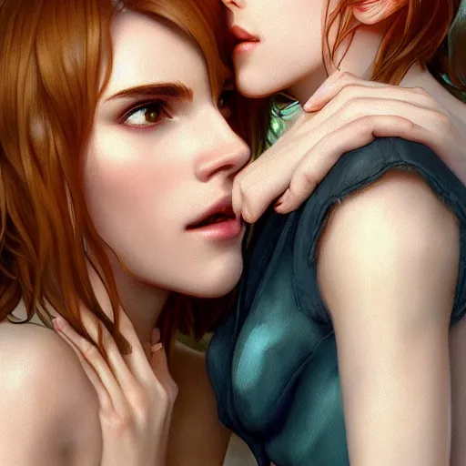 Prompt: ultra realistic illustration, bella thorne and emma watson kissing anime, intricate, elegant, highly detailed, digital painting, artstation, concept art, smooth, sharp focus, illustration, art by artgerm and greg rutkowski and alphonse mucha and wlop