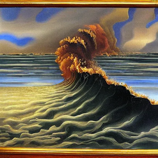 Prompt: Tsunami, oil painting, painted by Salvador Dali